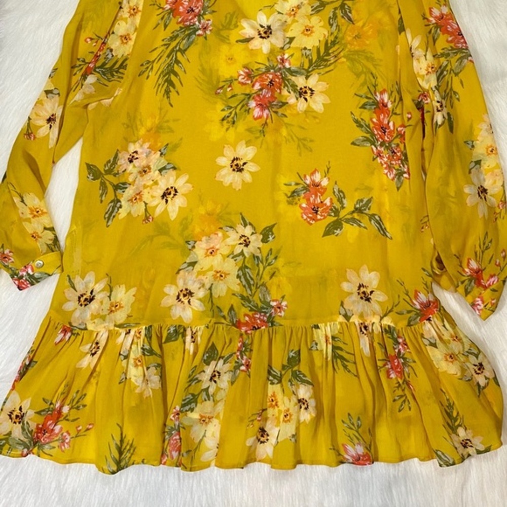 Zara Boho Blouse Oversized Floral Sheer Chiffon Yellow Top V-neck - Picture 8 of 10